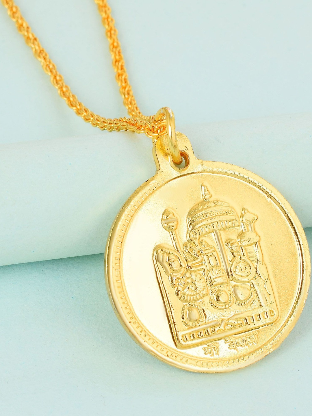 Brass Goldplated Vaishno Devi & Jai Mata Di reversible Coin chain pendant