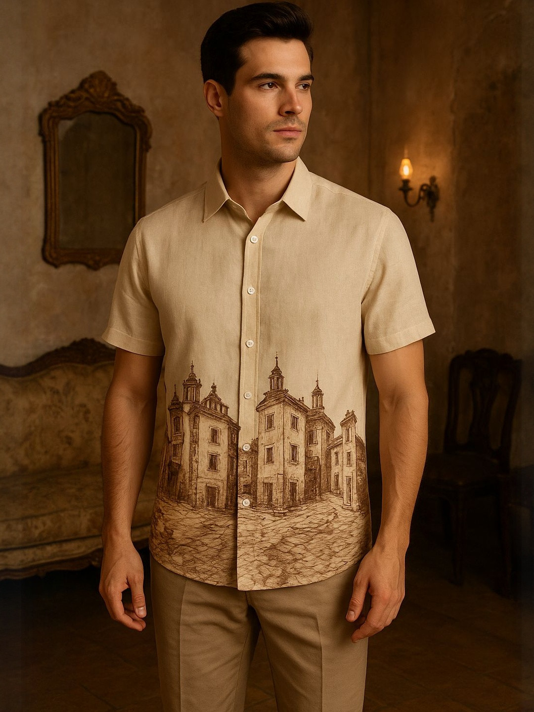 VS MALL Men Linen Blend Printed Casual Shirt