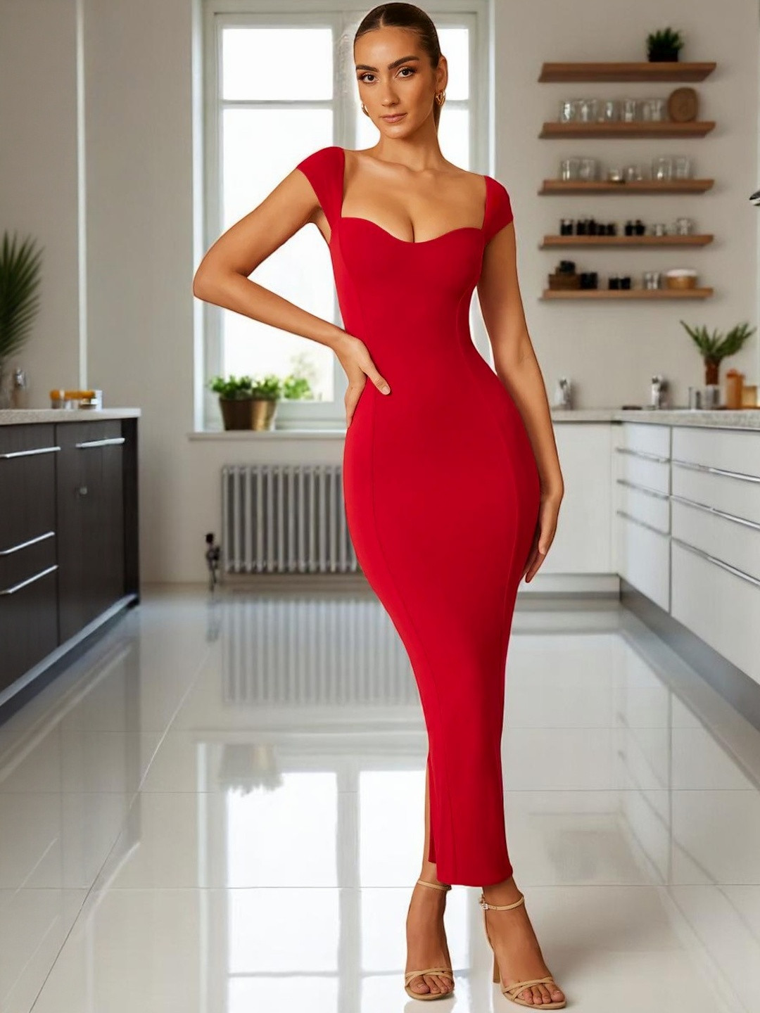 WANQUILA Women Red Bodycon Slim Fit Sweetheart Neck  Dress