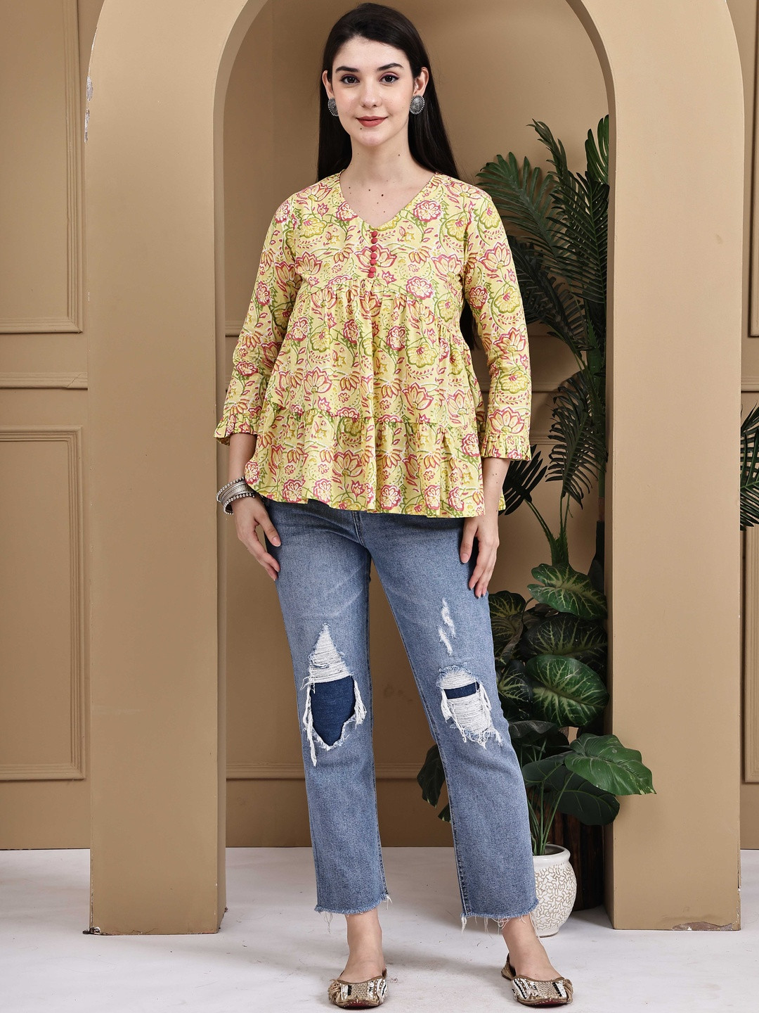 KALINI Women Yellow Pure Cotton Floral Jaipuri Printed V-Neck Ethnic Short Top