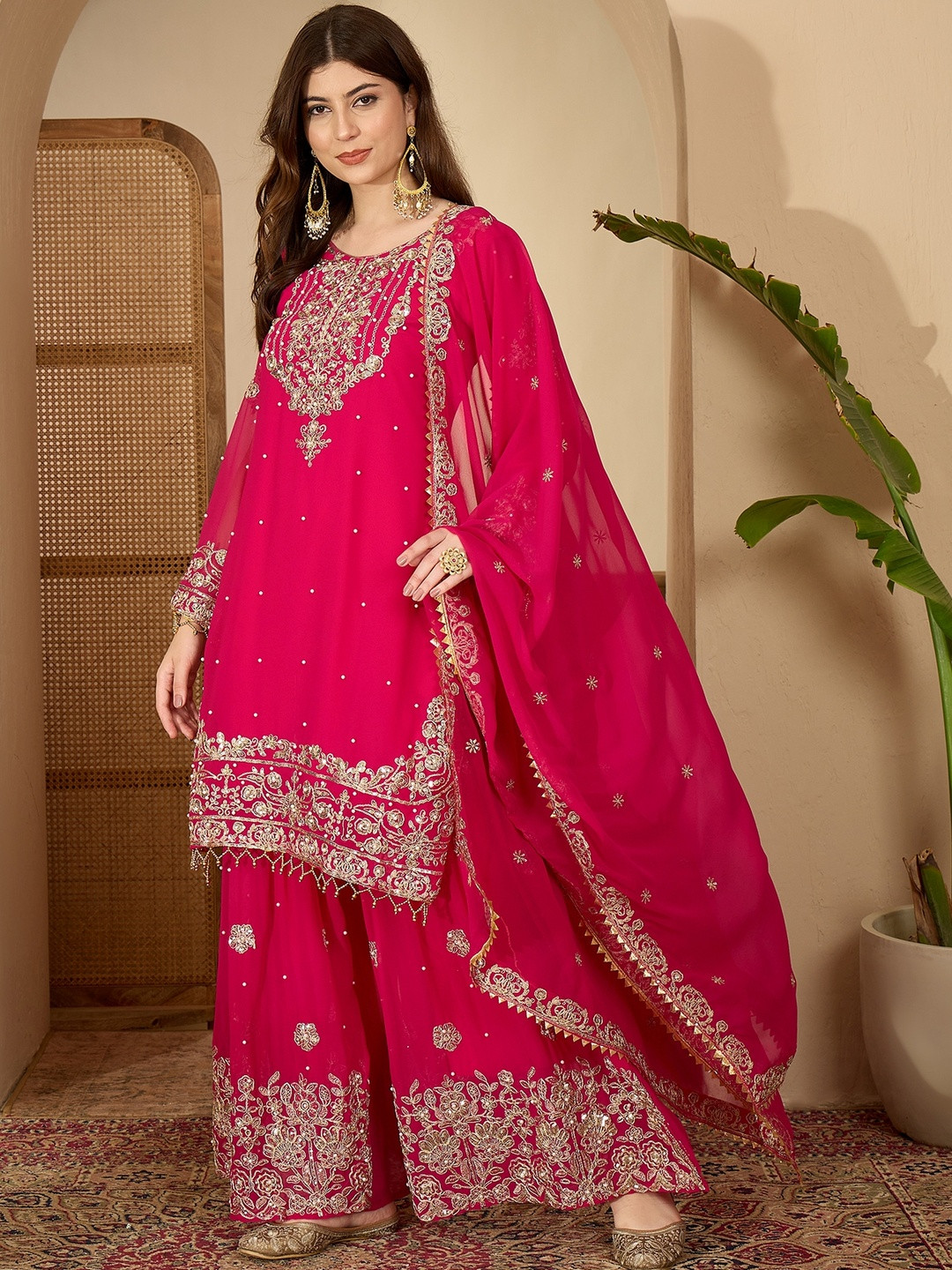 Pink Faux Georgette Coding & Sequence With Pearl Work Kurta Sharara And Dupatta