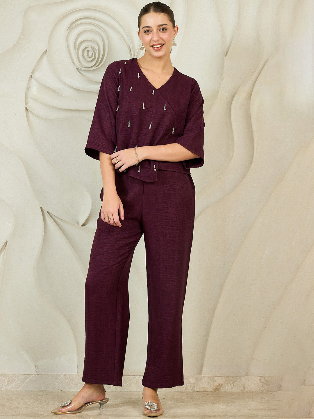 Shally Bhasin by Athena Women Maroon Linen Embellished Co-Ord Set