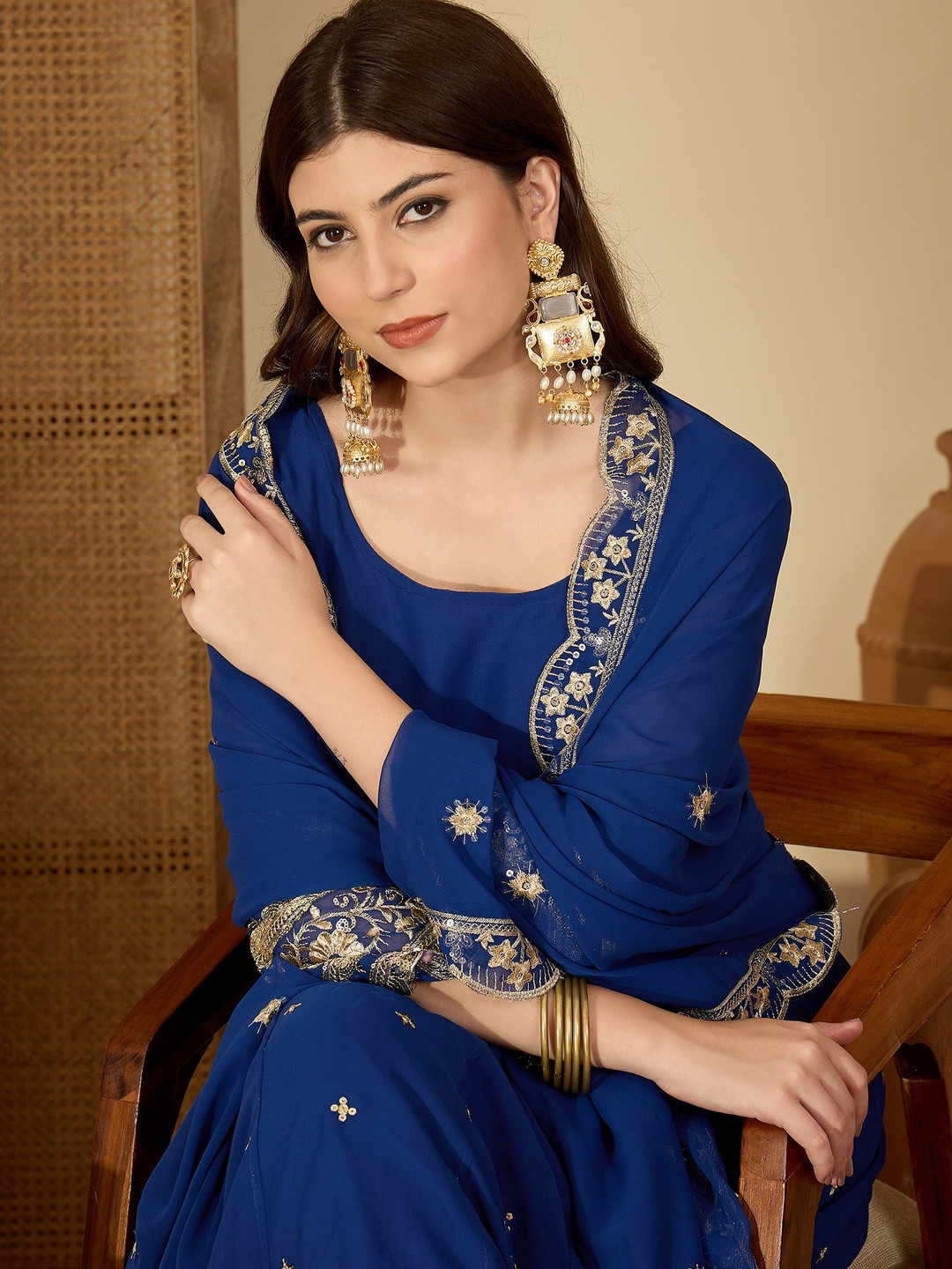 Blue Georgette Thread And Sequence Work Anarkali Kurta with Trouser And Dupatta