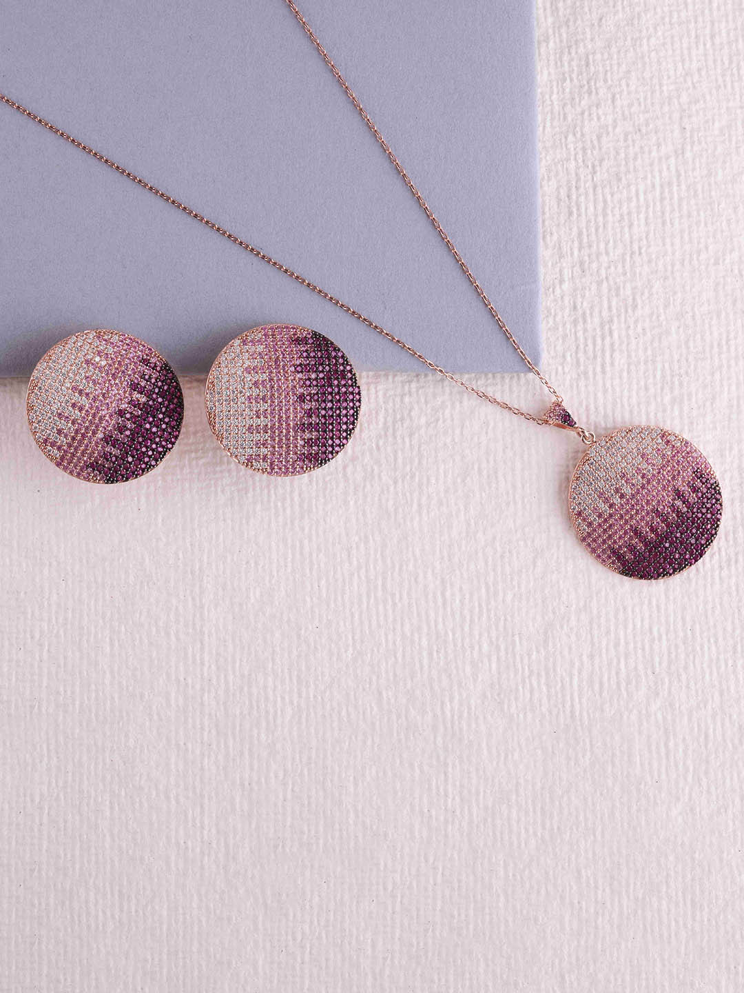 Dkeera Rose Gold Finish with Gradient 925 Sterling Silver Round Pendant Set With Earrings