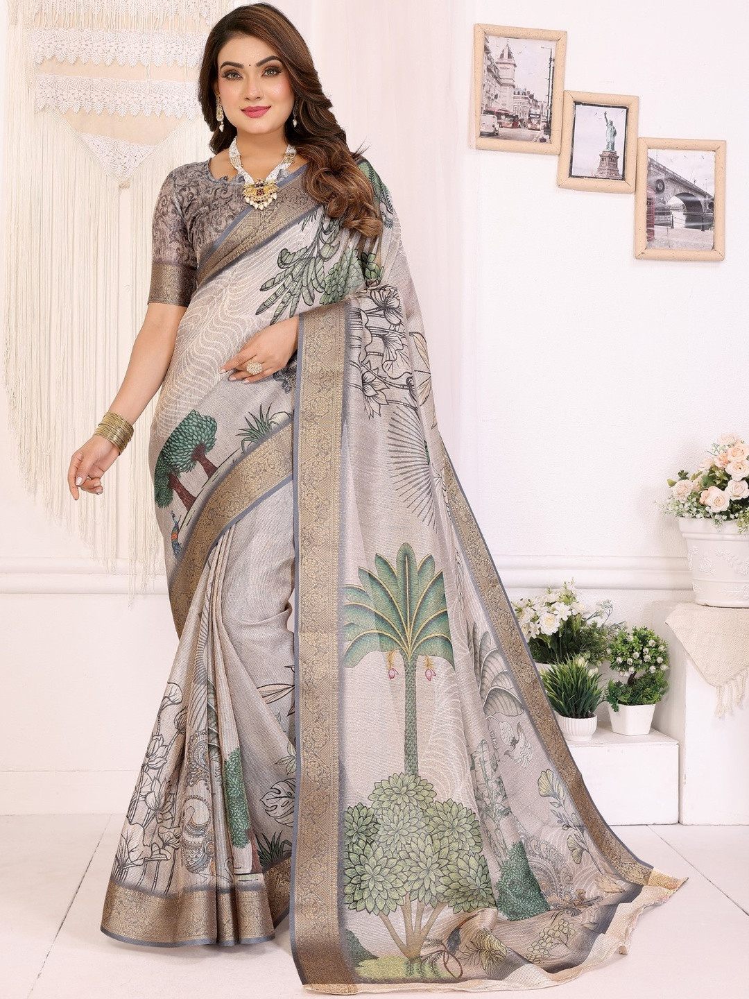 White Mulberry Silk Digital Printed Saree With Contrast Blouse Piece