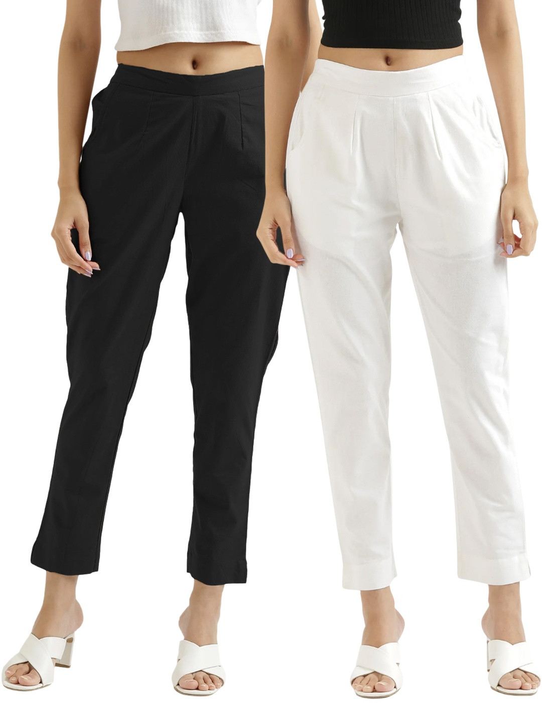 Chiraiyaa Women Pack of 2 Pleated Cotton Trousers