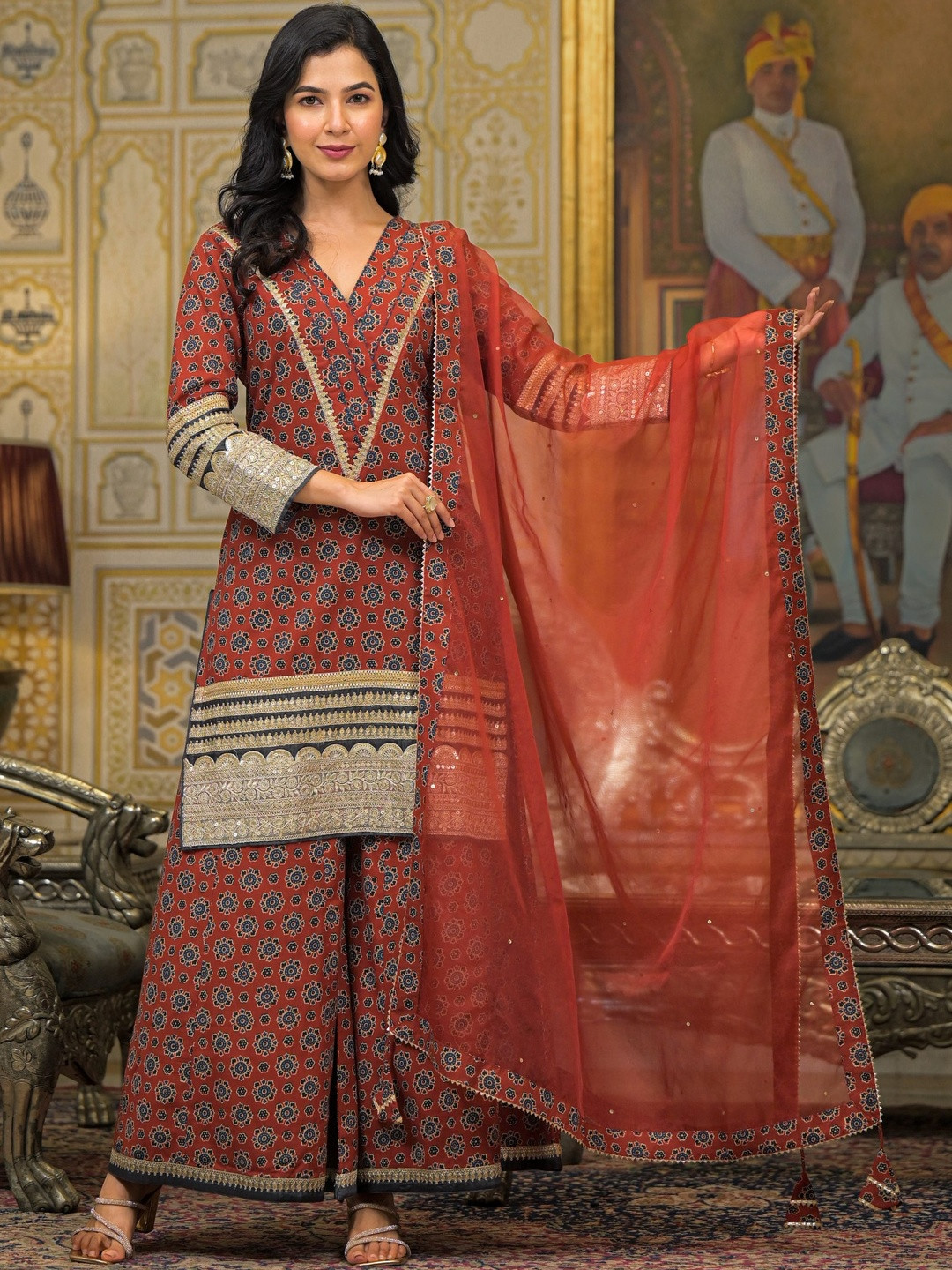 Maroon Floral Printed Sequence work V-Neck Straight Kurta & Palazzo With Dupatta