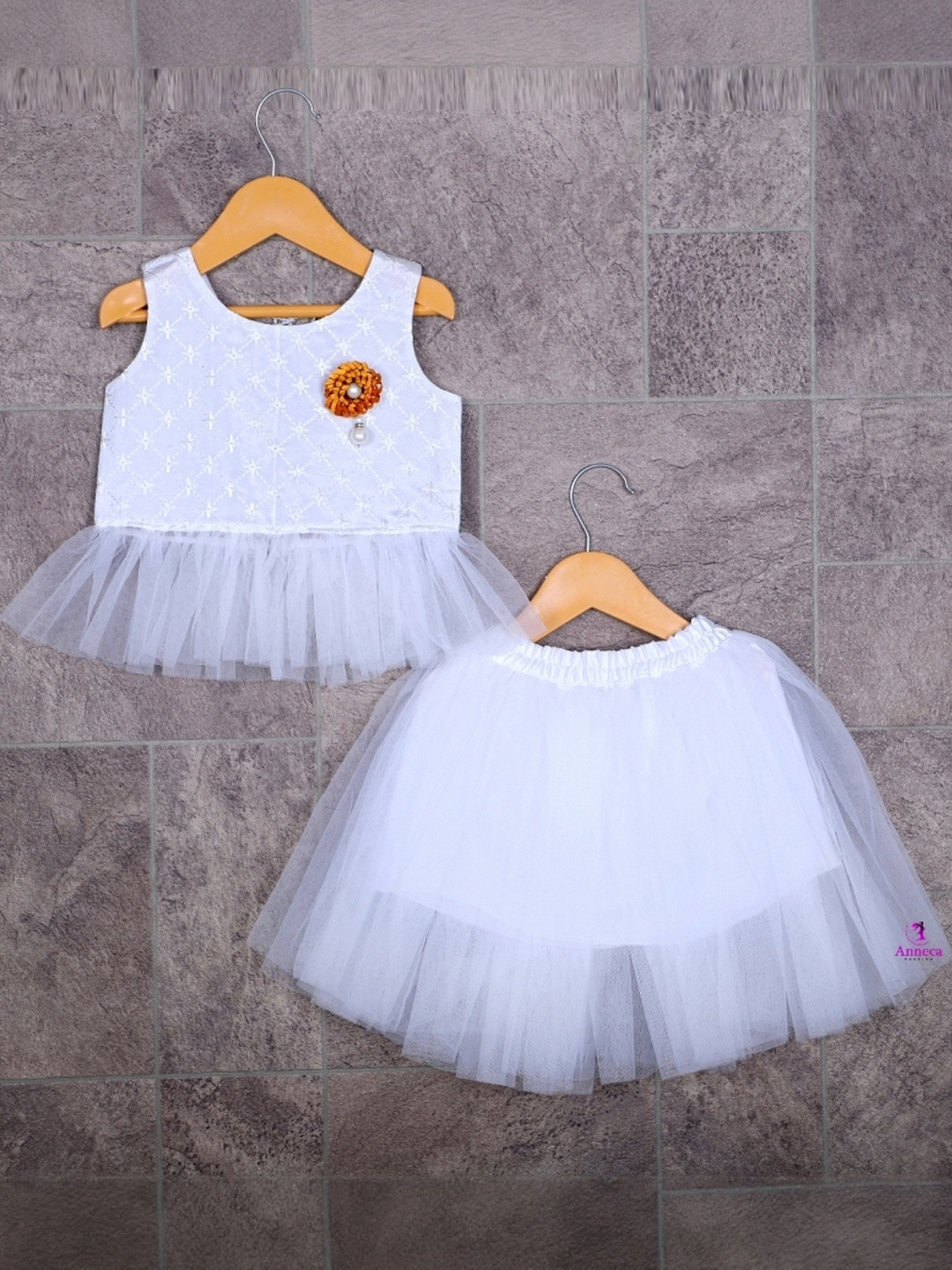 Charan Kanya Girls White Embroidery Top with frill and Skirt Set