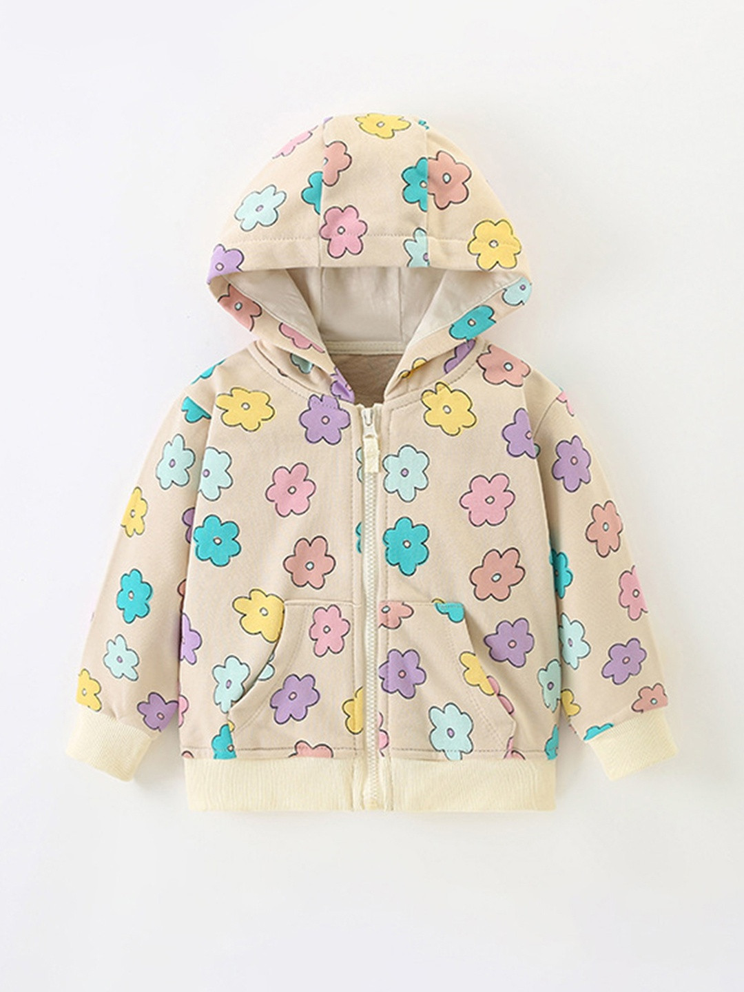 YK Girls Floral Printed Hooded Crop Jacket