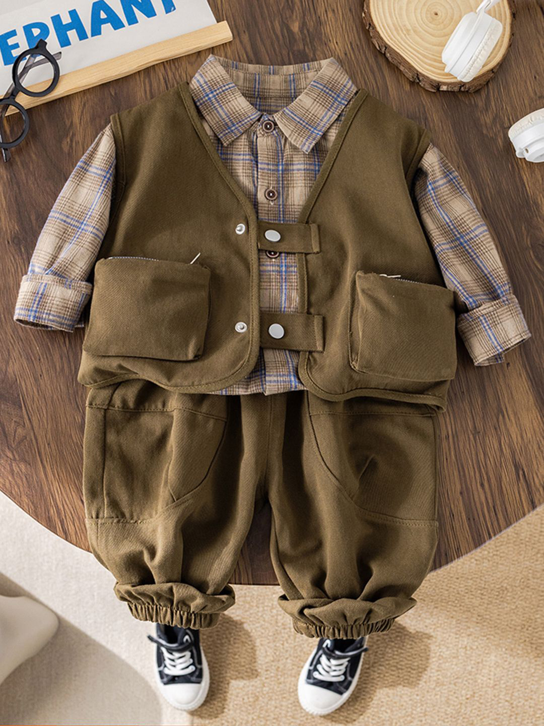 INCLUD Boys Reporter Jacket With Checked Shirt & Joggers Set