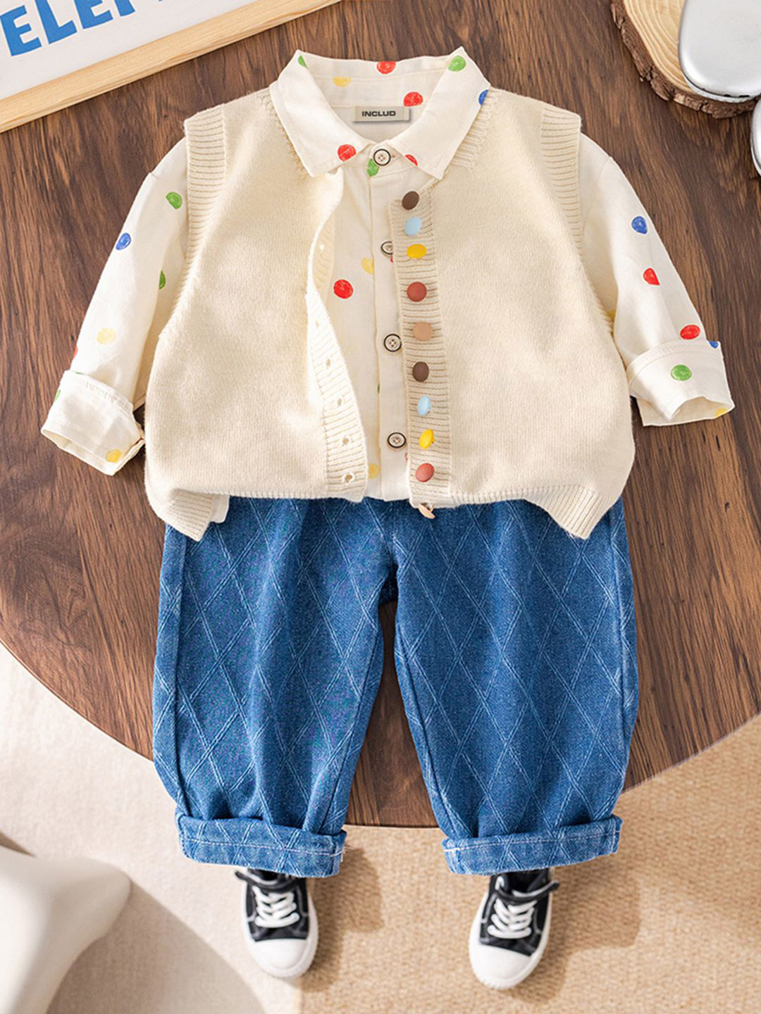 INCLUD Boys Printed Sleeveless Cardigan With Shirt & Denim Pants
