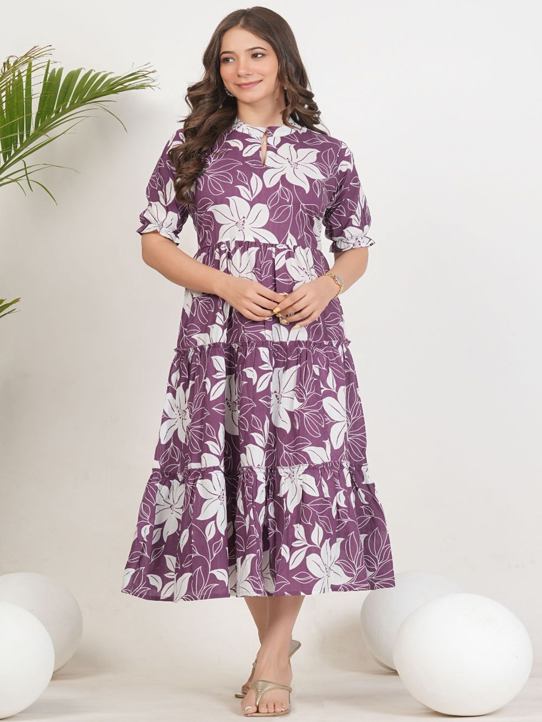 TEESHA Floral Print Puff Sleeve Ruffles Tiered Cotton Fit & Flare Midi Dress
