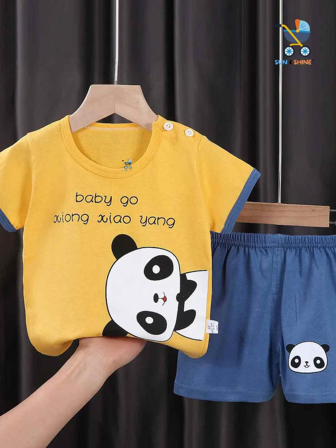 Sun & Shine Unisex Kids Yellow And Blue Panda Printed Top with Shorts