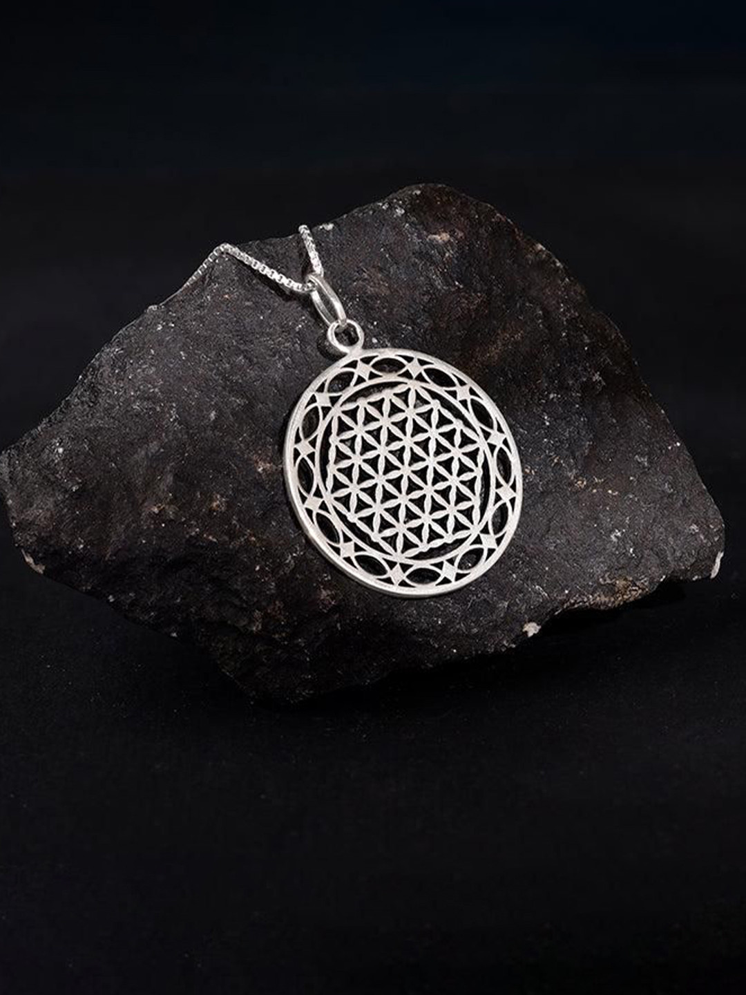 GIVA Men 925 Silver-Plated Oxidised Flower of Life Symbol Sacred Bloom Pendant With Chain