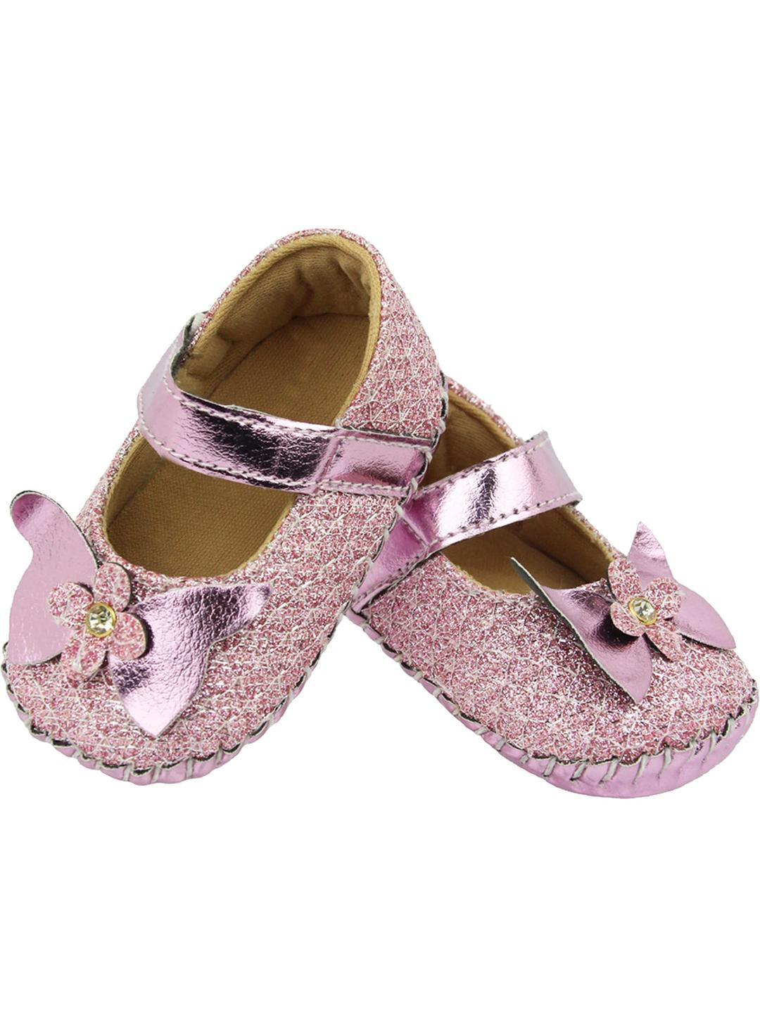 NESKA MODA Girls Pink Belly Shoe Fancy Floral Velcro Party Cotton Booties