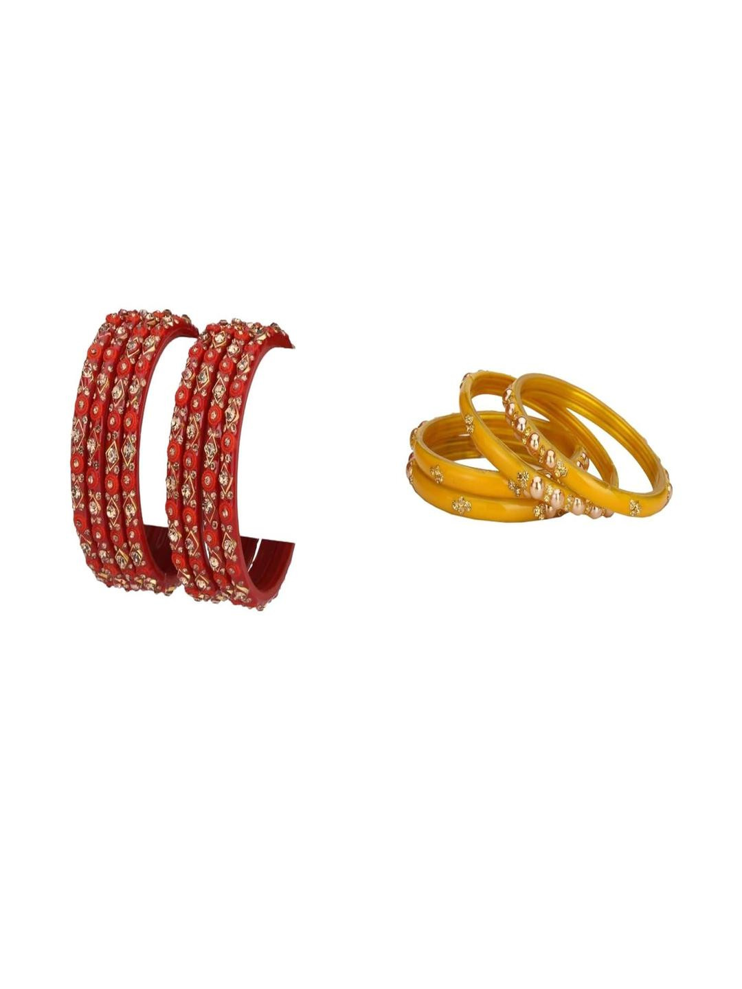 1ST TIME Combo of 2 Gold & Red Stones Studded Bangles Set