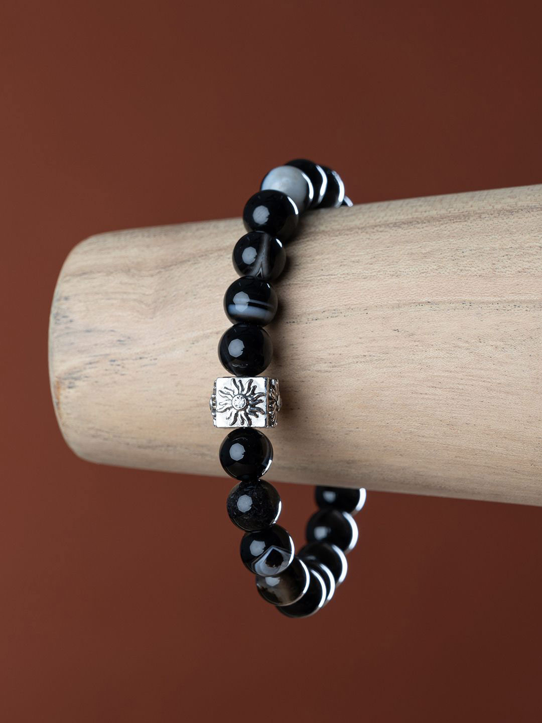 Stone Story By Shruti Men 925 Sterling Silver 18K Rhodium-Plated Agate Beaded Bracelet