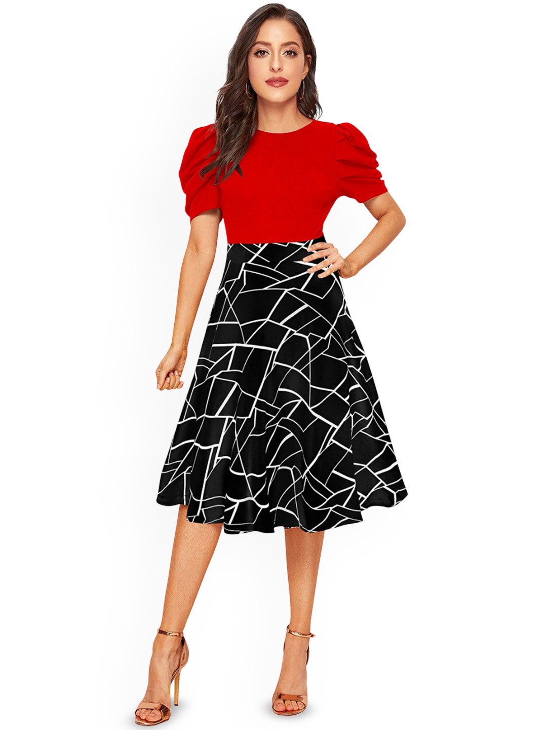 ILLI LONDON Women Geometric Printed Puff Sleeve A-Line Dress