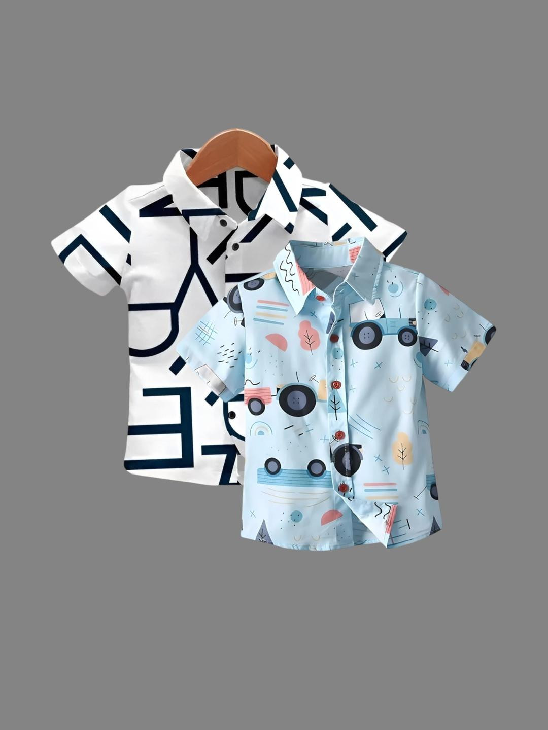 DUTT CREATION Boys Pack Of 2 White & Blue Graphic Printed Cotton Button Down Collar Shirts