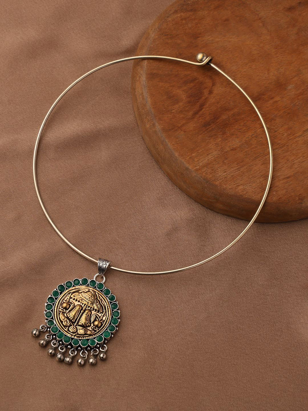 PATOLA BY VJ 92.5 Silver-Plated Contemporary Oxidized Hasli Pendant Necklace