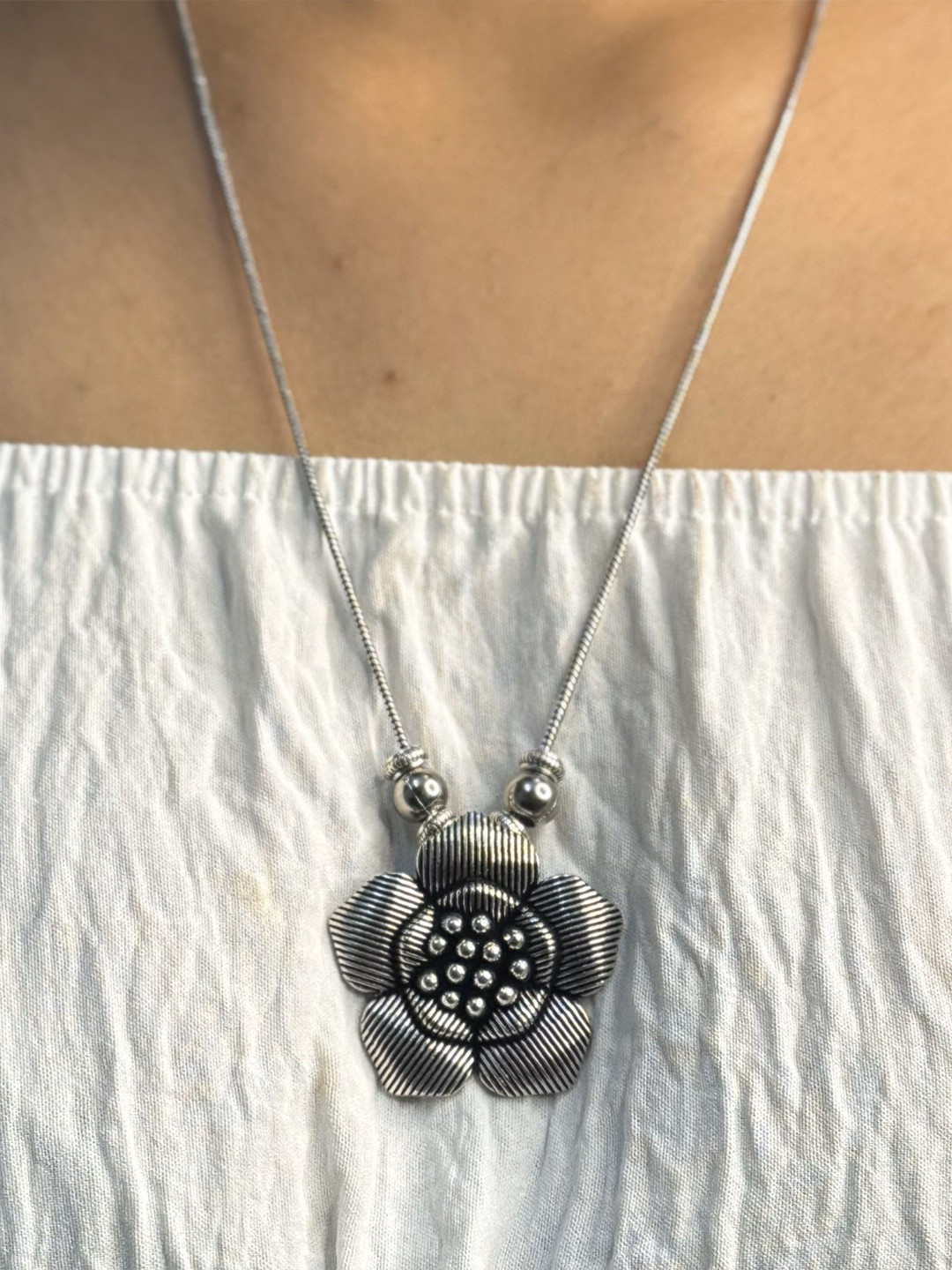 Surki Unisex German Silver Artificial Beaded Oxidised Necklace