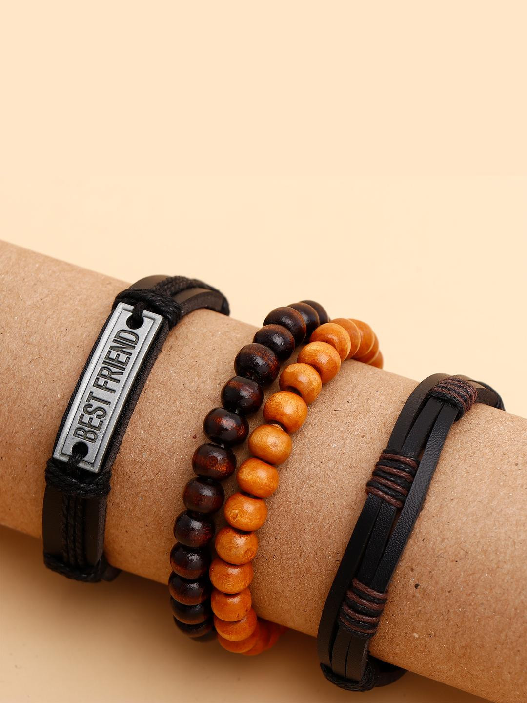 Archies Unisex Set Of 4 Black And Brown Beaded Multilayer Leather Wristbands