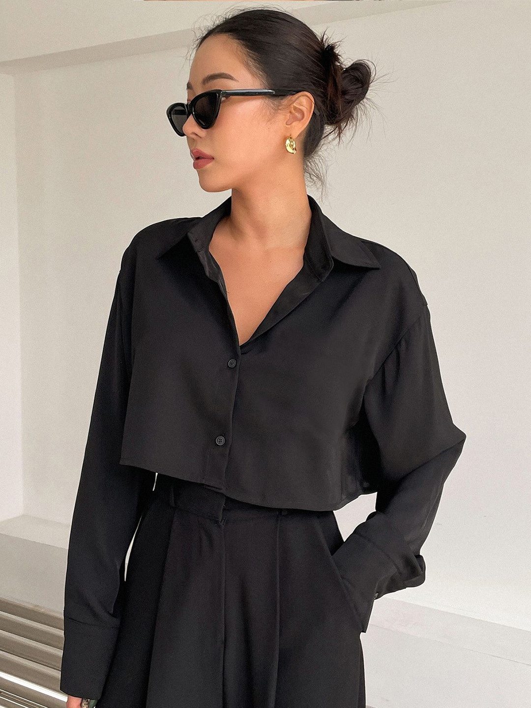 AAHWAN Women Spread Collar Drop Shoulder Sleeves Casual Shirt