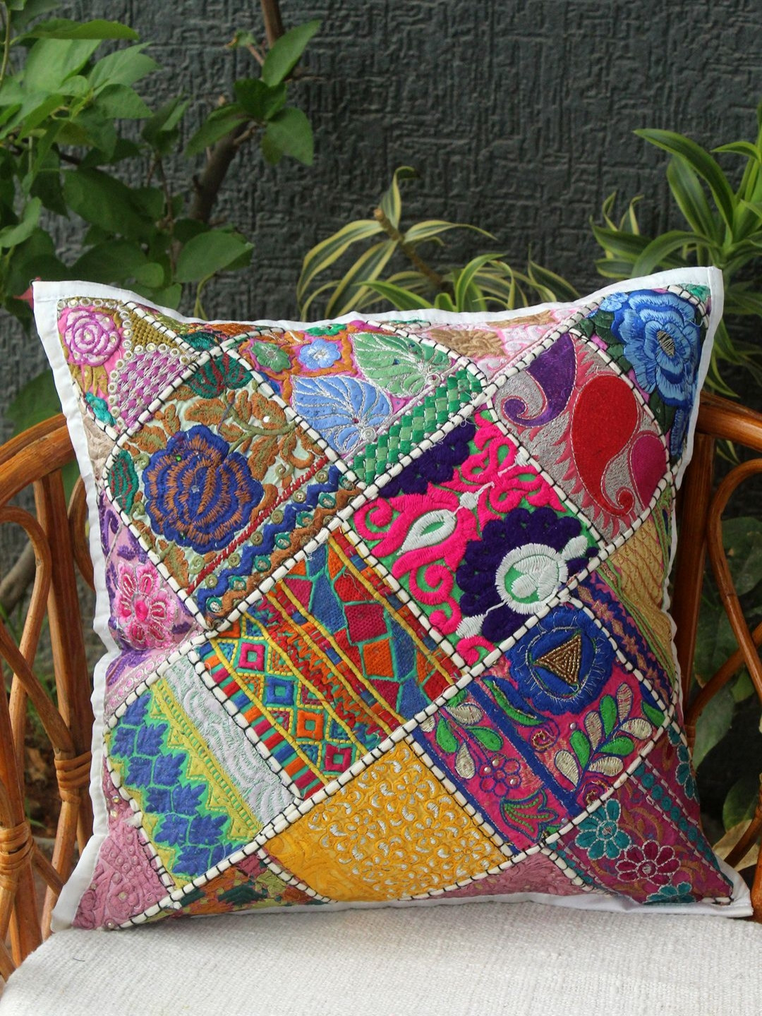 Weaves of Tradition Pink & Blue Ethnic Motifs Square Cushion Cover