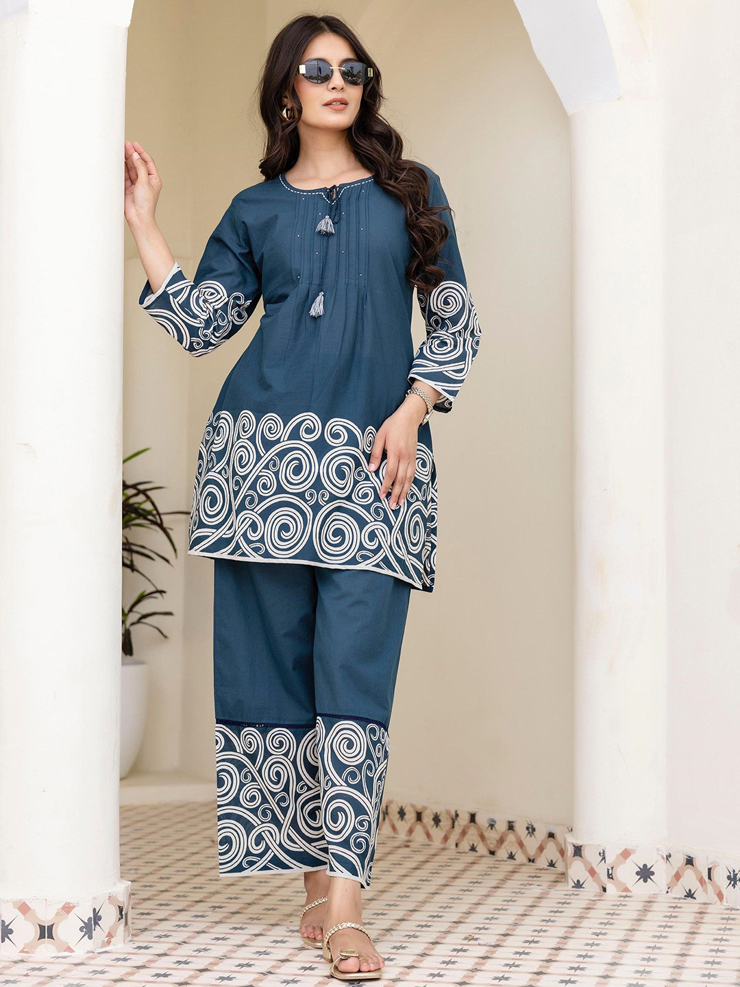 AUTUMN LANE Mokabara Indi Embroidered Pure Cotton Tunic With Trousers