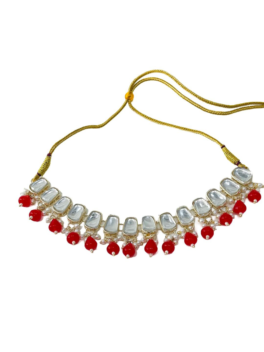 J D Jewellers Women Red Kundan Design Polki Stones And Beads Jewellery Set