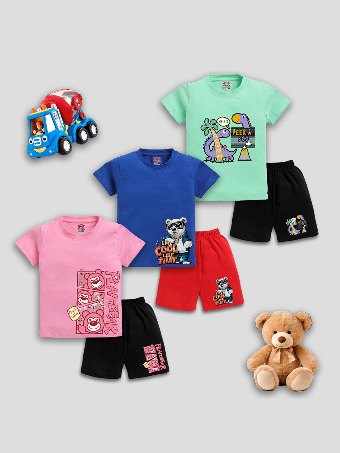 LITTLE FIGHTER Pack of 3 Boys Printed T-shirt with Shorts