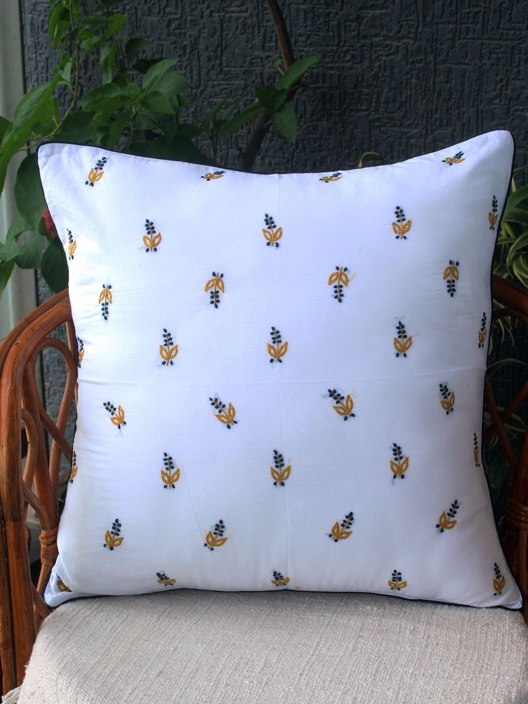 Weaves of Tradition White & Yellow Ethnic Motifs Cotton Square Cushion Cover