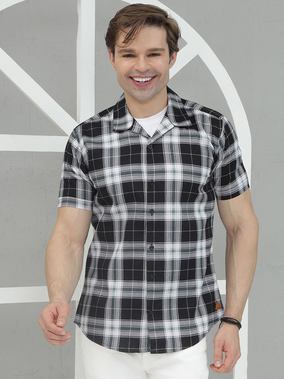 JAKANARY Men Premium Slim Fit Tartan Checked Spread Collar Cotton Casual Shirt