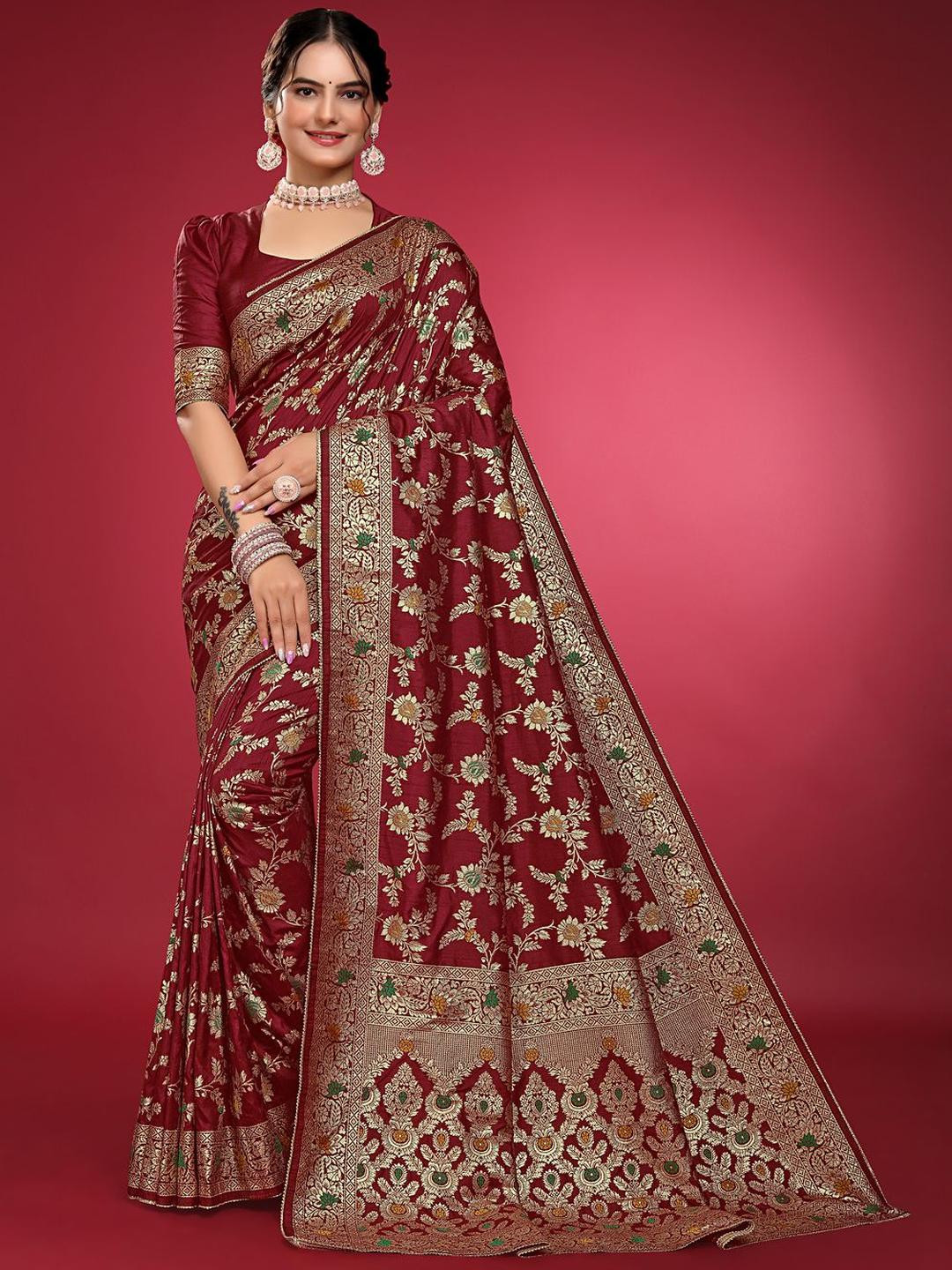 NS WORLD Ethnic Motifs Woven Design Zari Detail Banarasi Saree