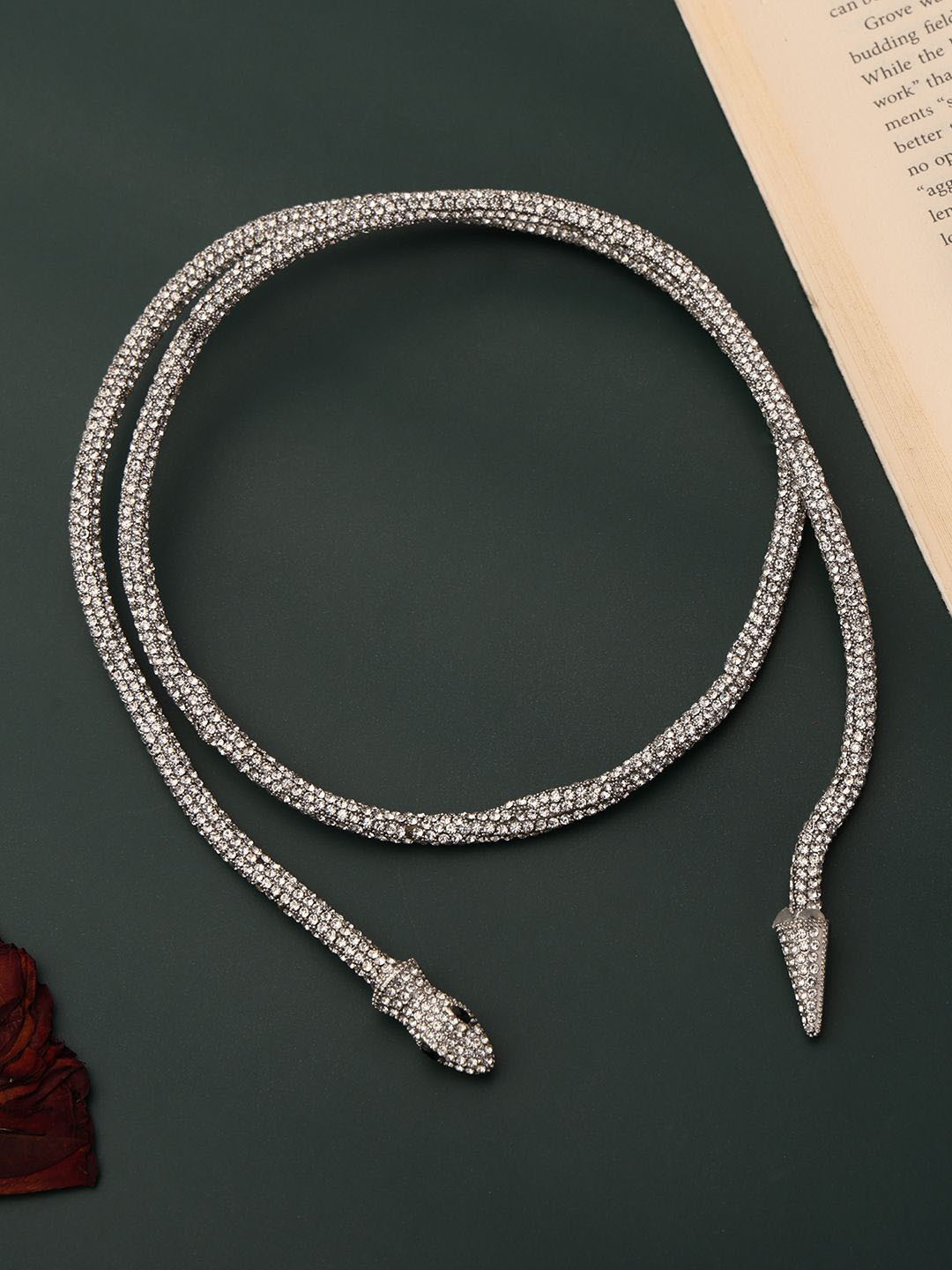 PATOLA BY VJ Silver Plated Artificial Stones Studded Stainless Steel Snake Necklace