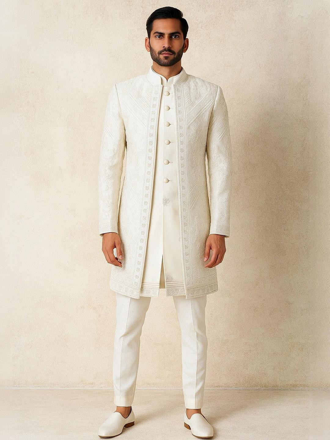 Shahi Achkan Ivory Elegance Embroidered Cream Sherwani Set