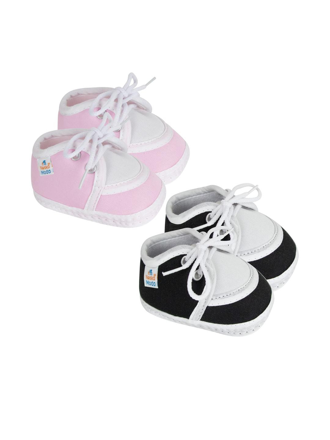 NESKA MODA Kids Set Of 2 Pink & Black Solid Lace Ups Cotton Booties