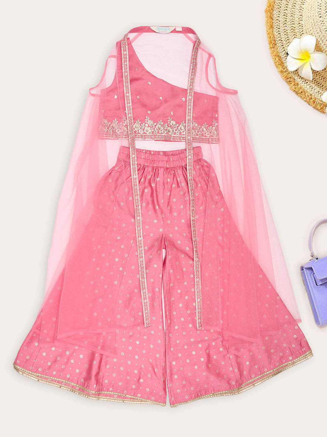 AKKRITI BY PANTALOONS Embroidered Crop Top With Palazzos & Sheer Overlay Jacket Set