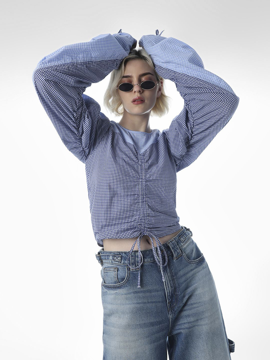 ONLY Women onlHAILEY Ls Top Wvn Checked Puff Sleeve Cotton Blouson Top