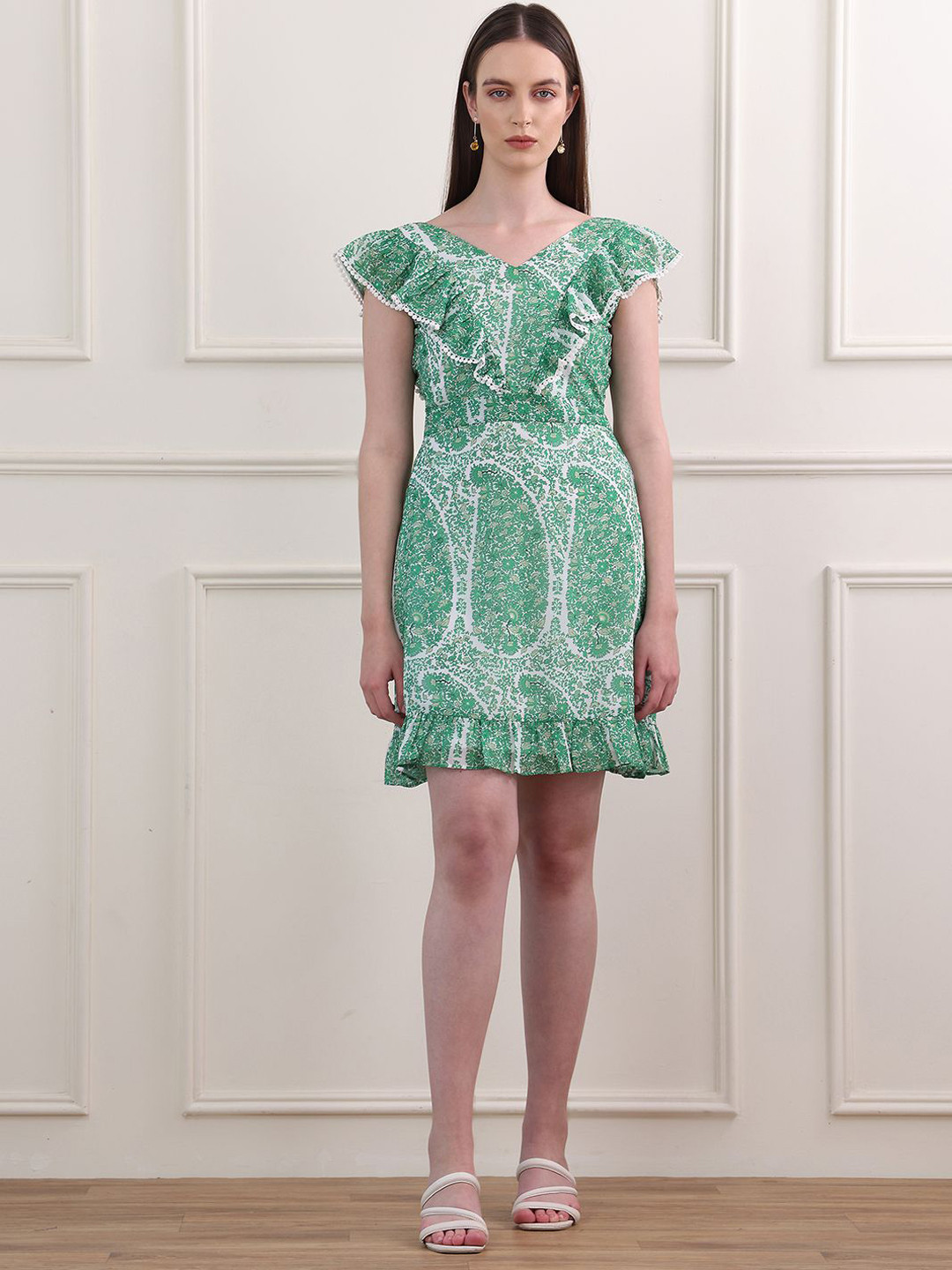 MILOST Women Green Paisley Print Lace Frills Bows and Ruffles Georgette Mini Dress