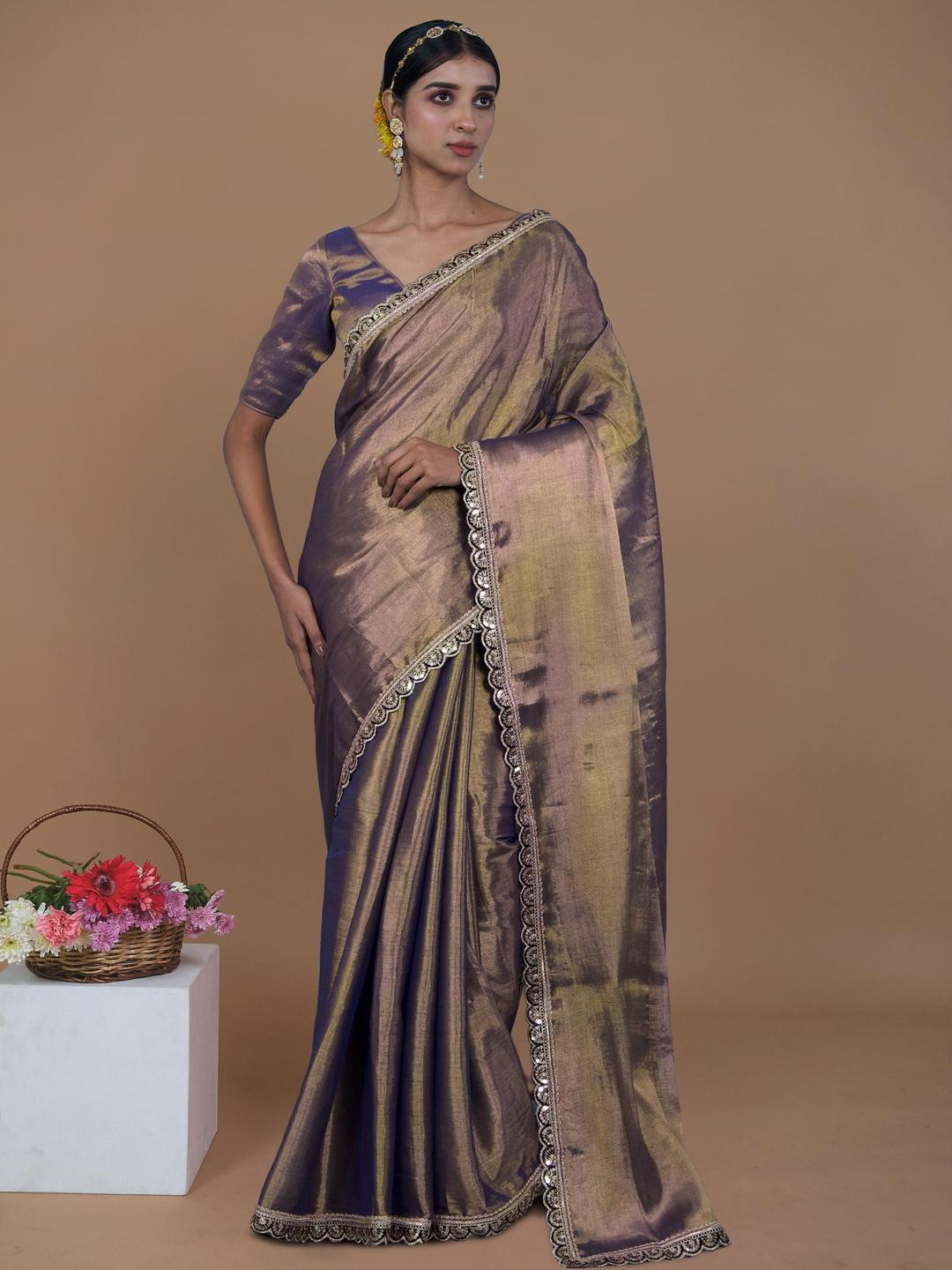 HUTS AND LOOMS Embroidered Tissue Zari Scallop Border Banarasi Saree