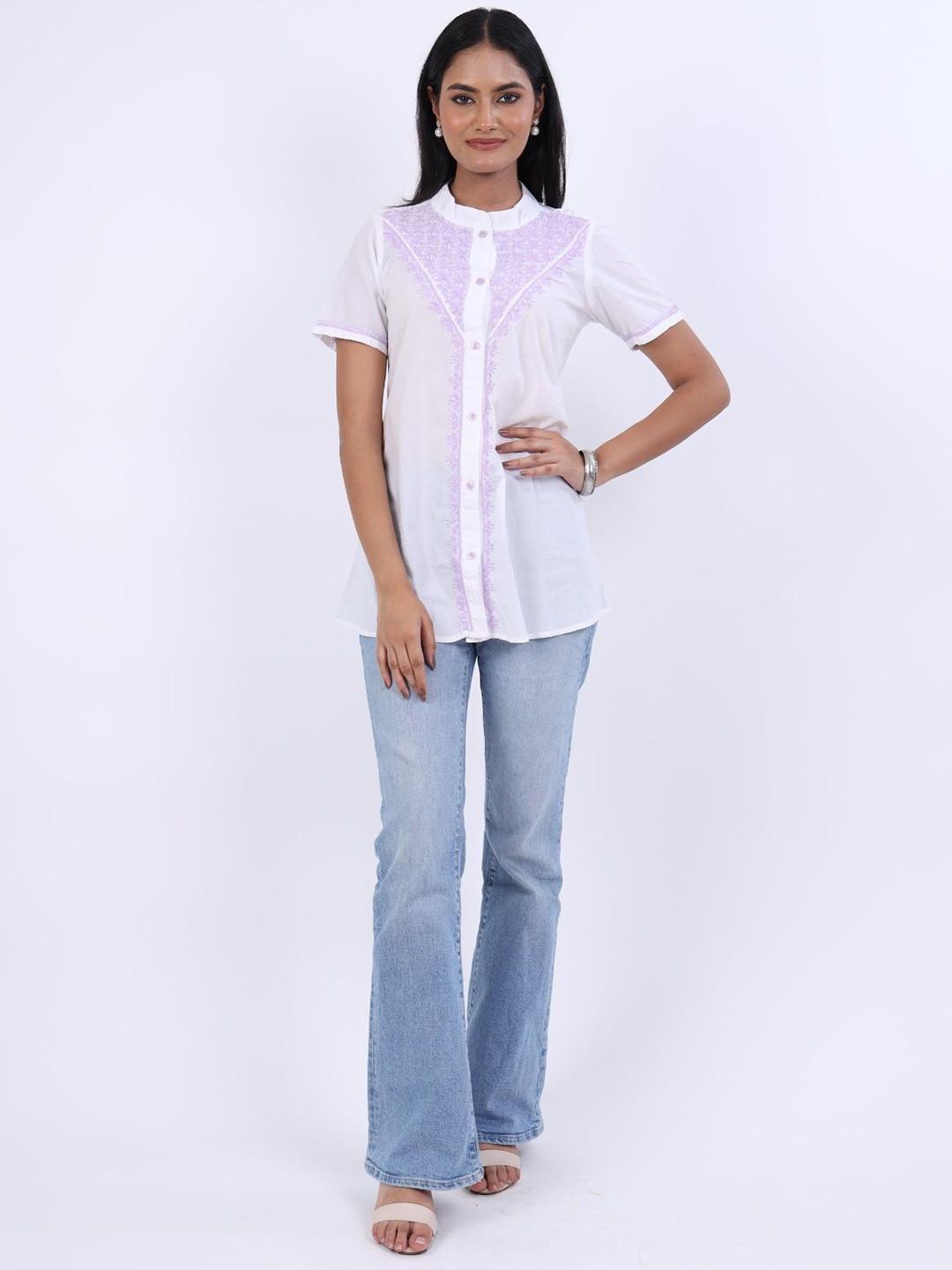 RIVAZ THREADS AND CO Lilac Women Floral Embroidered Mandarin Collar Cotton Top