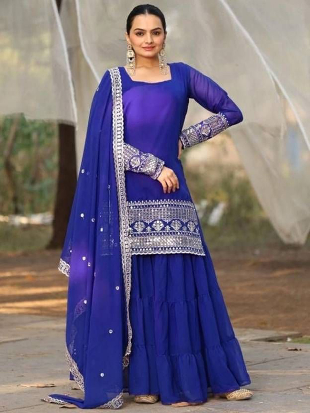ANVERI TEXTILES Women Embroidered Kurta Sets and Sharara with Dupatta
