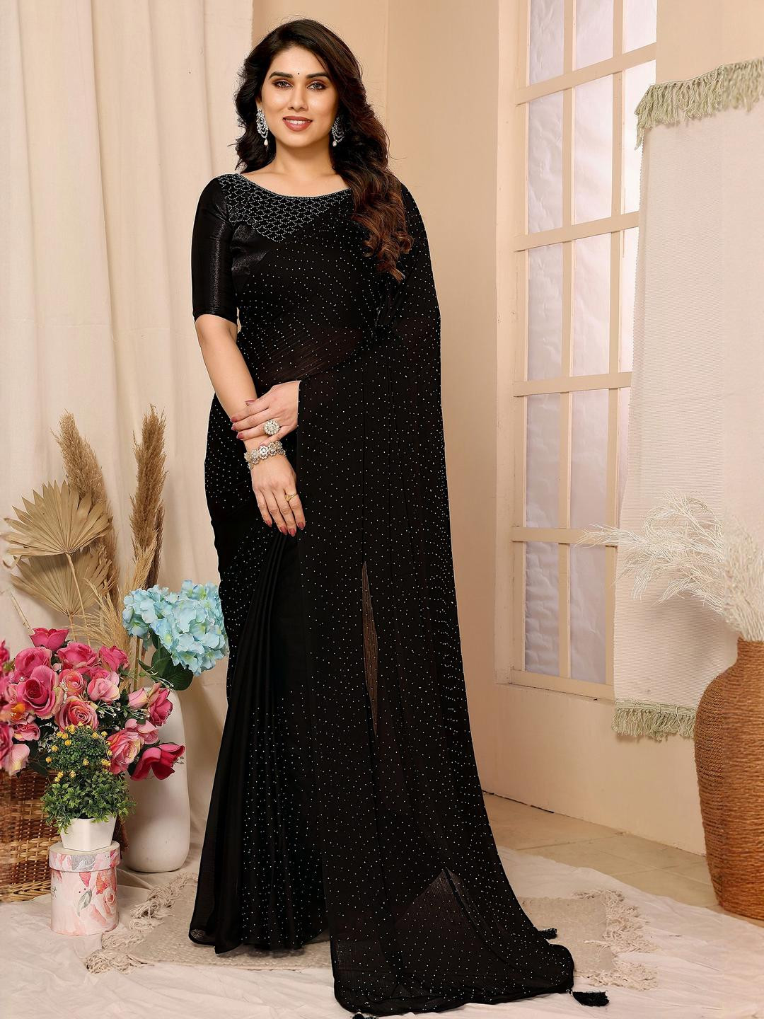BerMondsey Embellished Beads and Stones Chiffon Saree