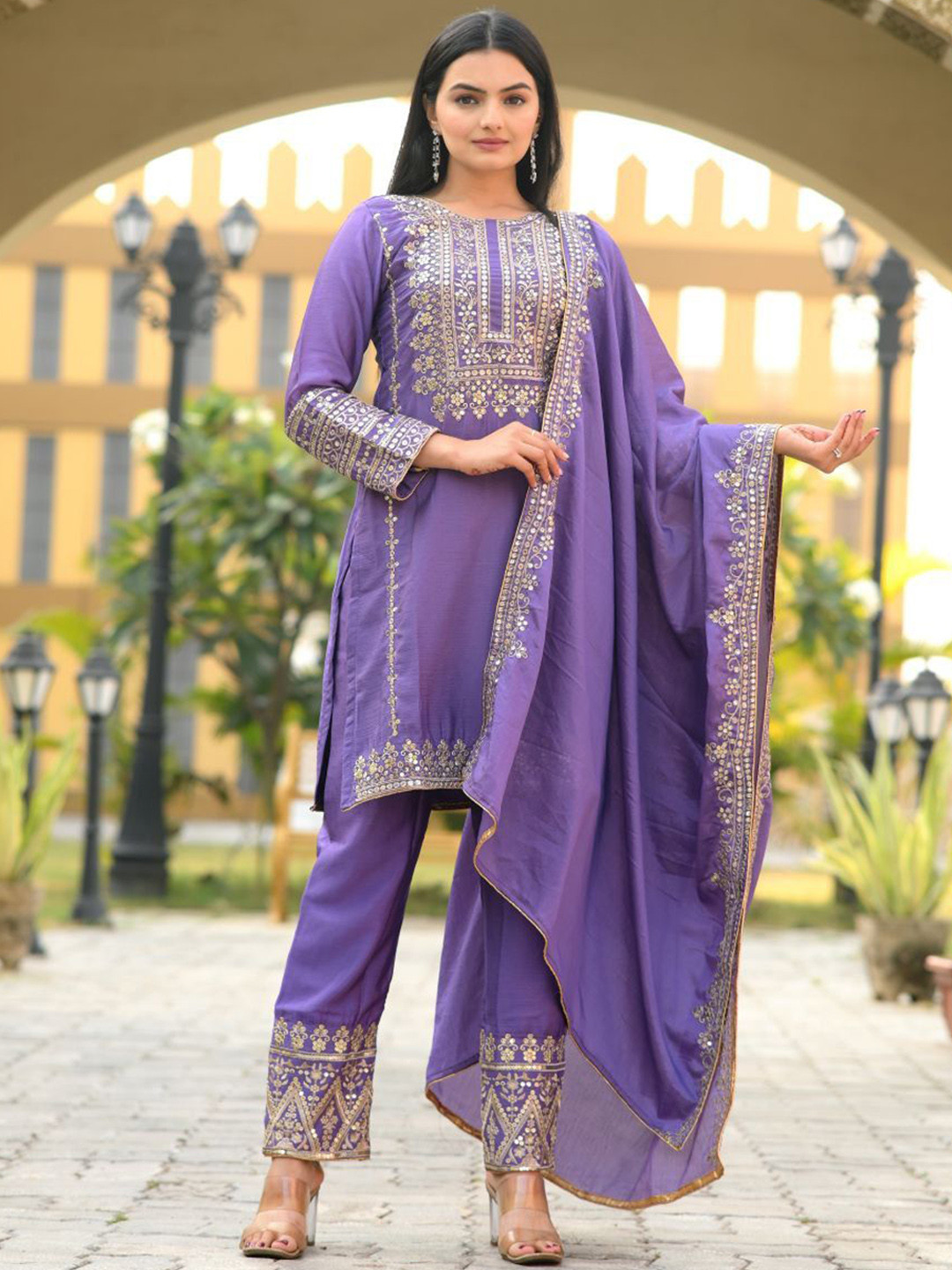 ANVERI TEXTILES Women Ethnic Motifs Embroidered Silk A-Line Kurta with Pyjama & Dupatta