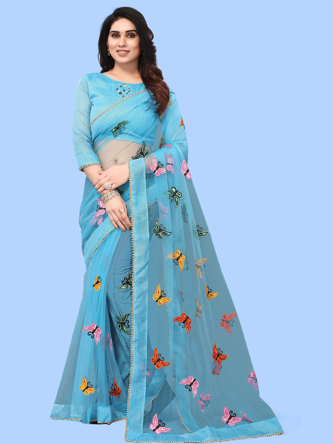 SHELDROM MART Women Embroidered Net Sarees