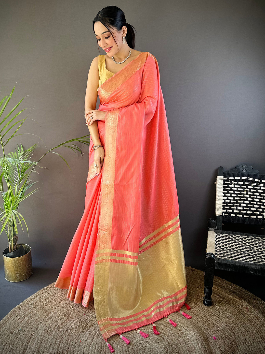 Durga Textile Striped Woven Design Saree With Unstitched Blouse Piece