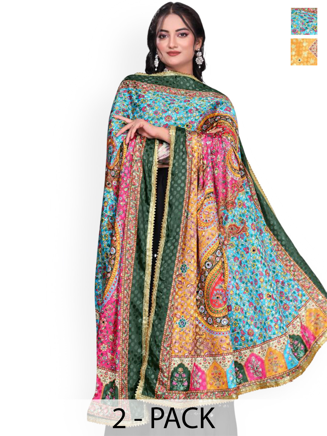 Kemza  Selection Of 2 Mirror Work Dupatta Yellow Set