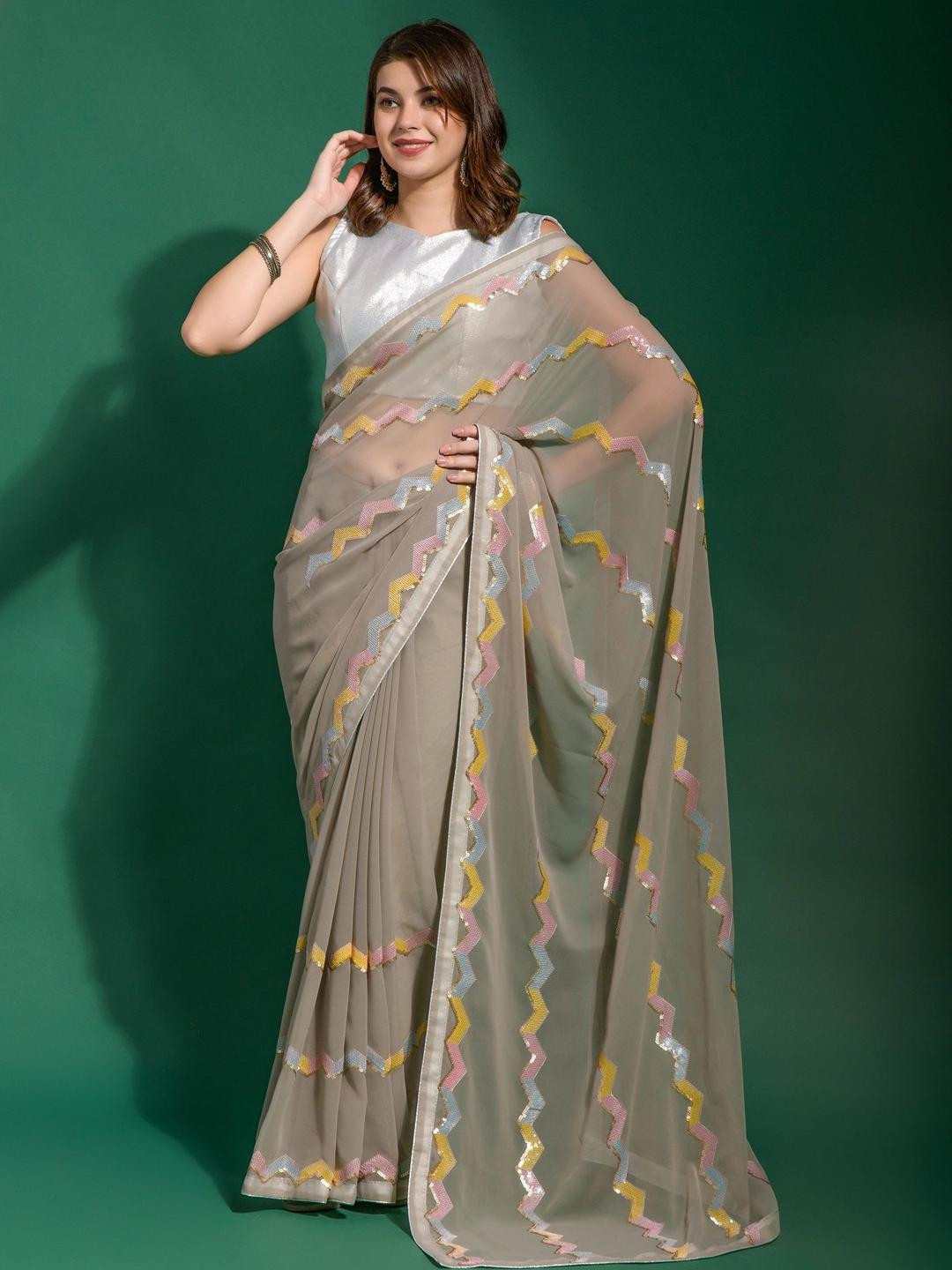 KALINI Georgette Embroidery Work Saree With Unstithced Blouse Piece