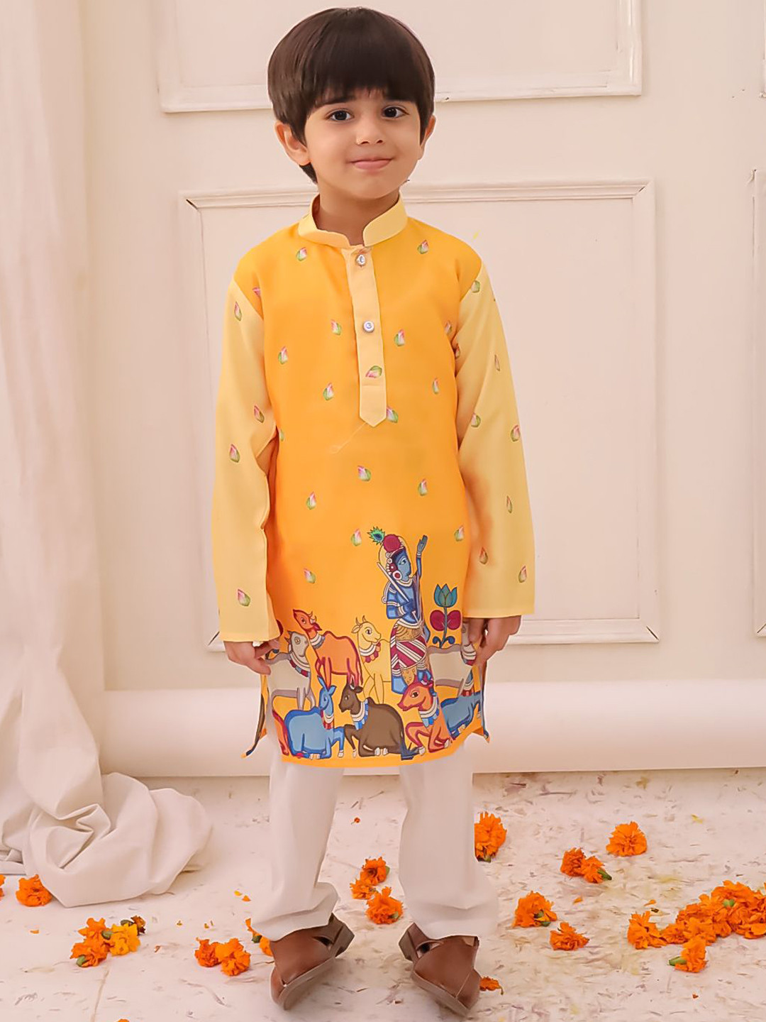 KID1 Pichwai Printed Mandarin Collar Straight Kurta With Pyjama